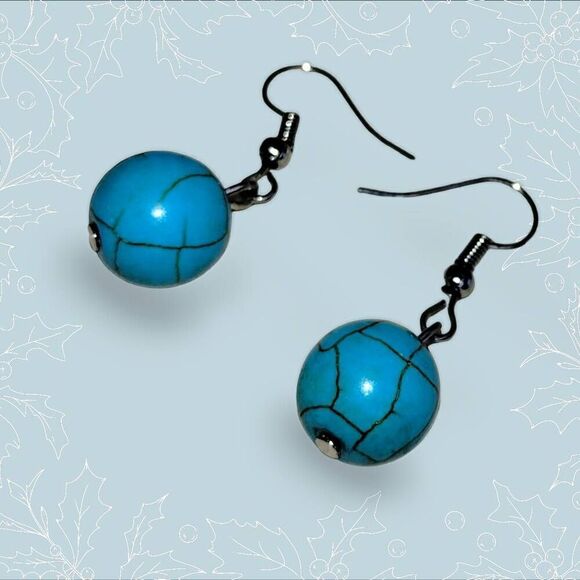 Womens Turquoise Earrings (2) Round Balls Stainless Wires Sterling Stone‎ Chips - Picture 3 of 4